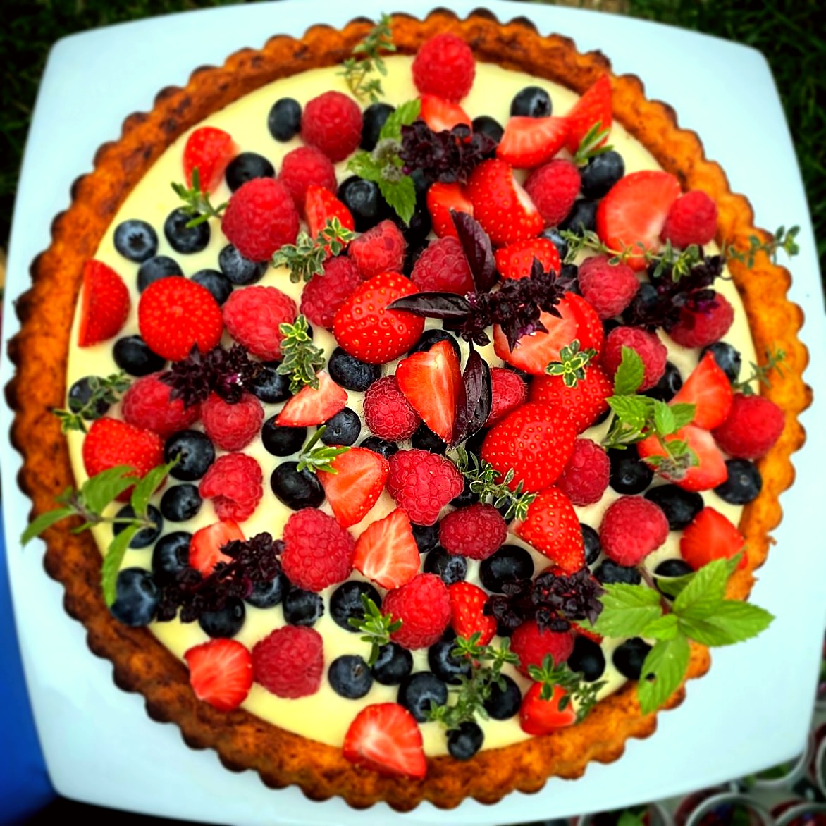 Frische Beerentarte mit Vanillecreme, Erdbeeren und Kräutern – hausgemachtes Dessert vom Privatkoch Fritzi