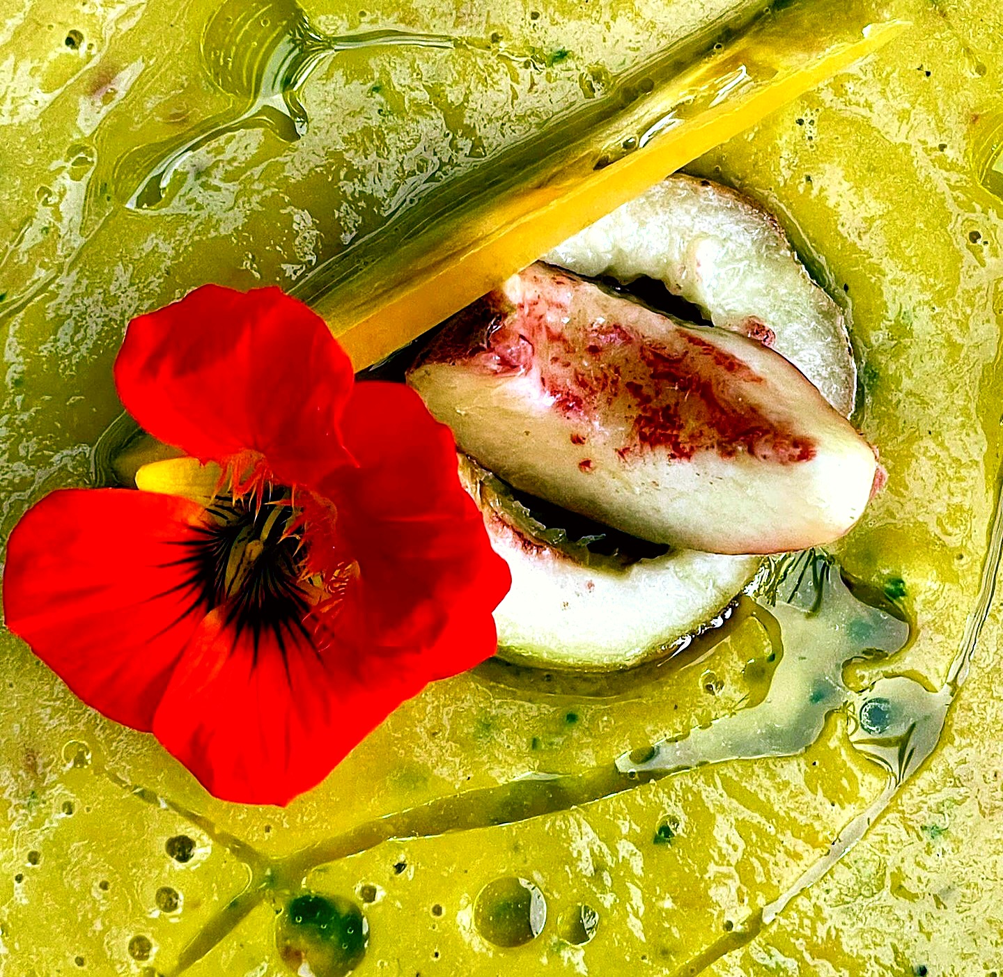 Kapuzinerkresse-Blüte mit Birne in Kräuteröl – kreative Vorspeise vom Privatkoch Fritzi